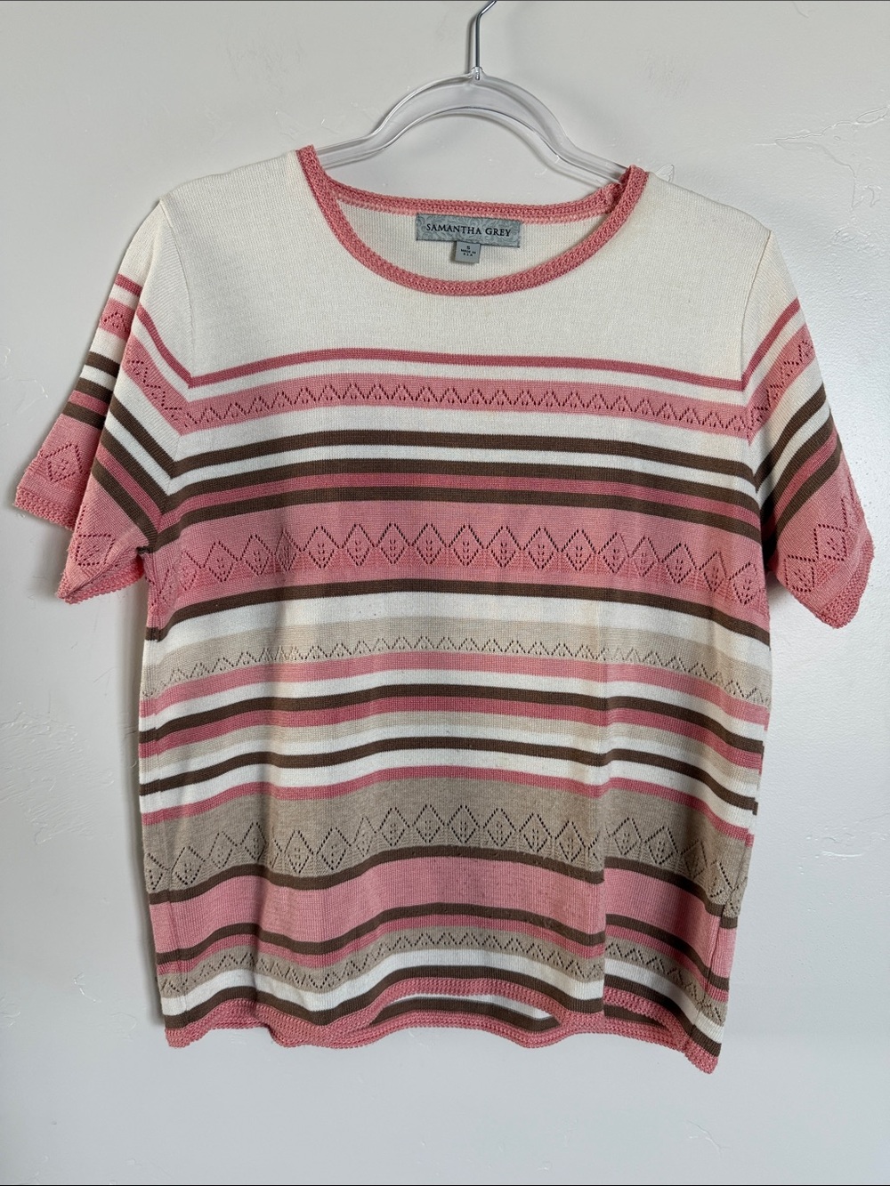 Samantha Grey Pink & Cream Striped Short Sleeve Knit Sweater Top